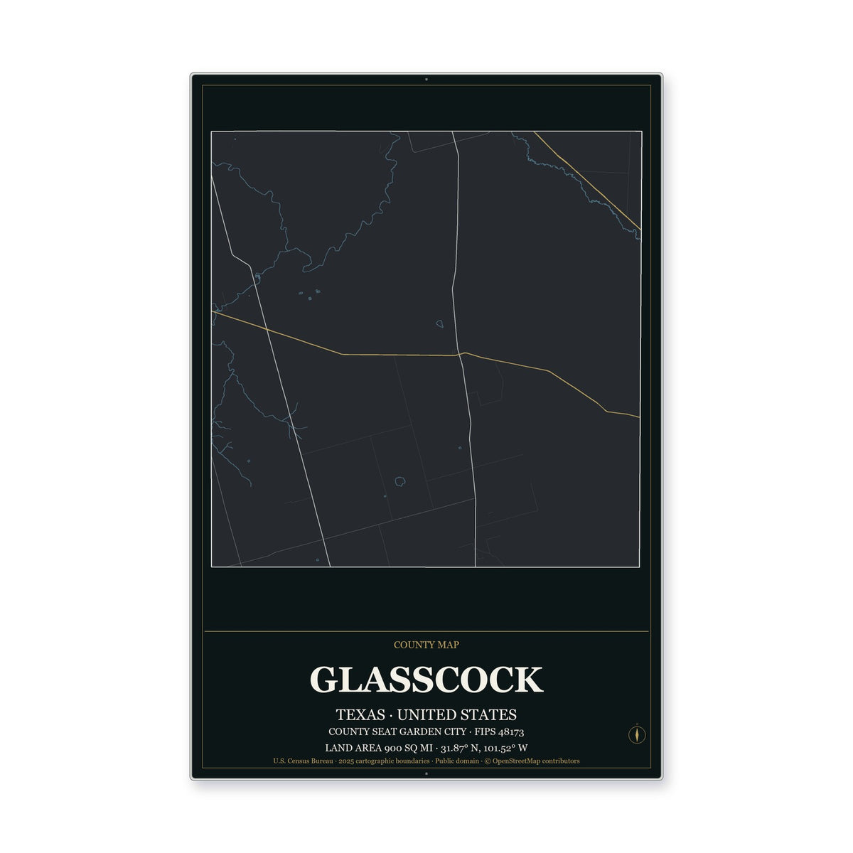 Glasscock County, Texas Map Aluminum Sign in Metropolitan Noir style