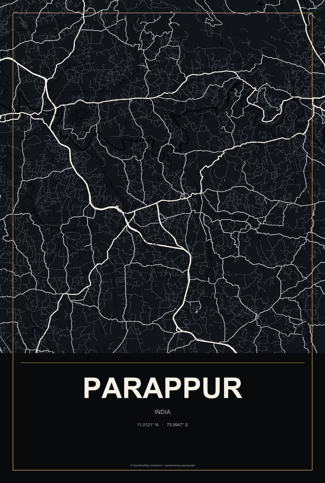 Parappur, India City Map Aluminum Sign in Metropolitan Noir style