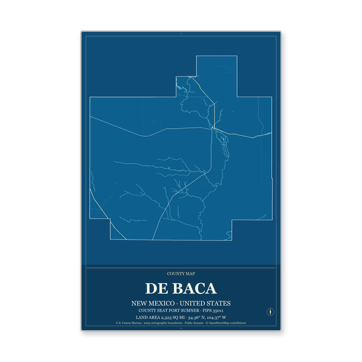 De Baca County, New Mexico Map Aluminum Sign in Harbor Cobalt style