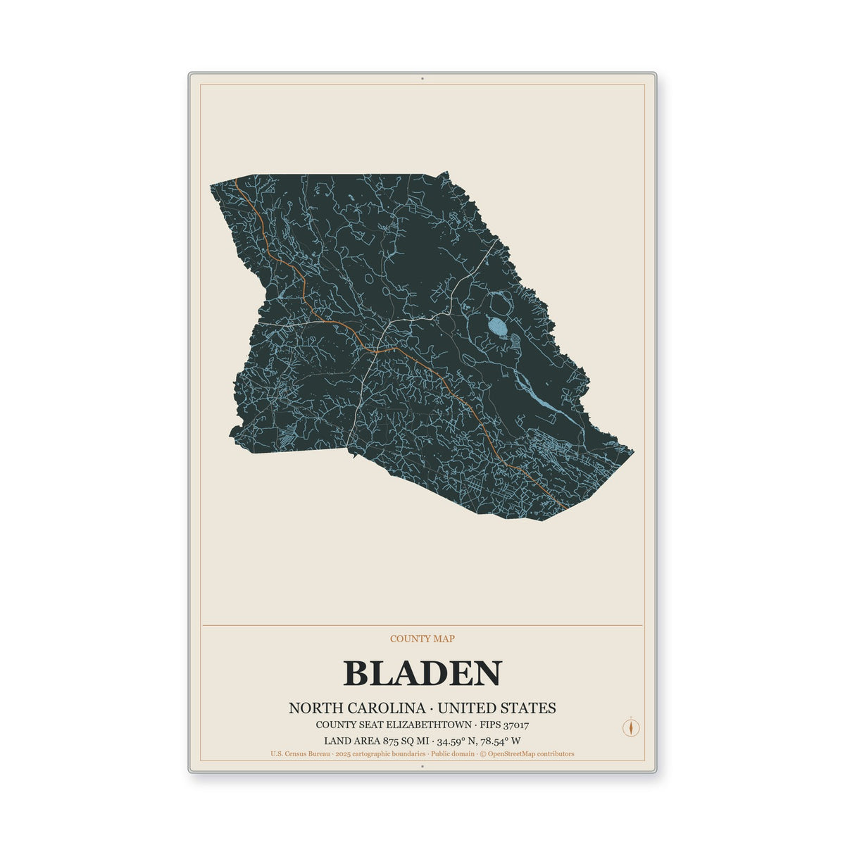 Bladen County, North Carolina Map Aluminum Sign in Headline Atlas style