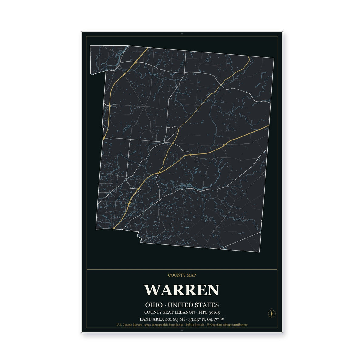 Warren County, Ohio Map Aluminum Sign in Metropolitan Noir style