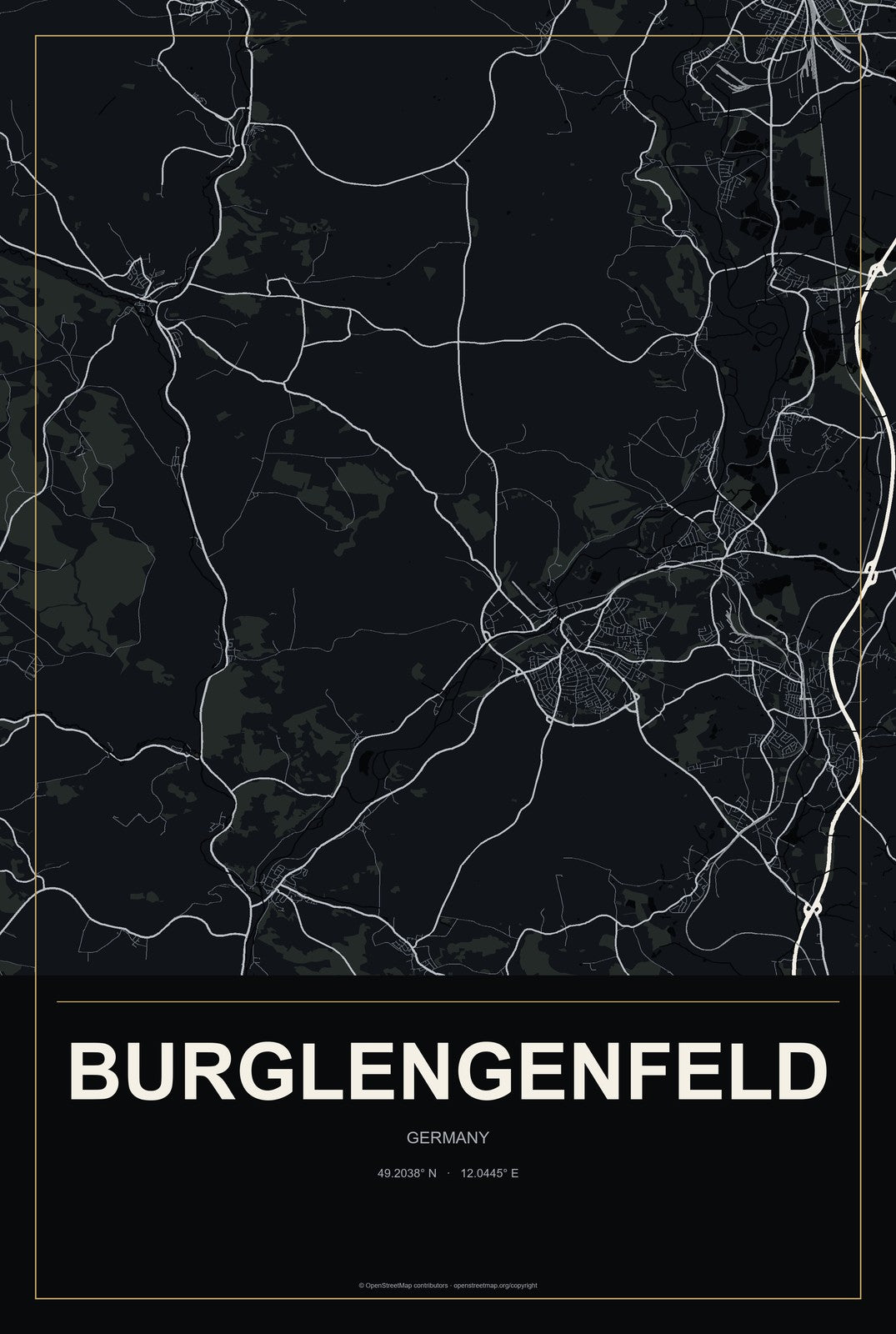 Burglengenfeld, Germany City Map Aluminum Sign in Metropolitan Noir style