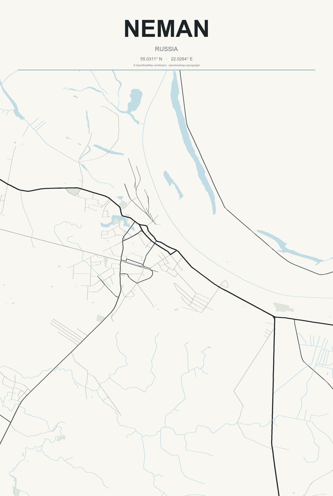 Neman, Russia City Map Aluminum Sign in Headline Atlas style