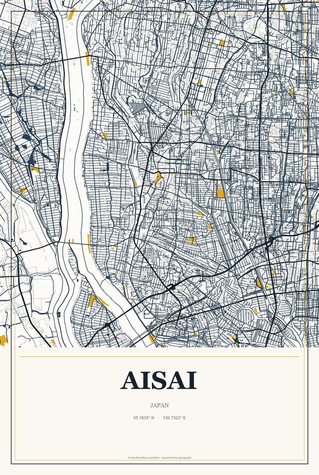 Aisai, Japan City Map Aluminum Sign in Citrine Modern style