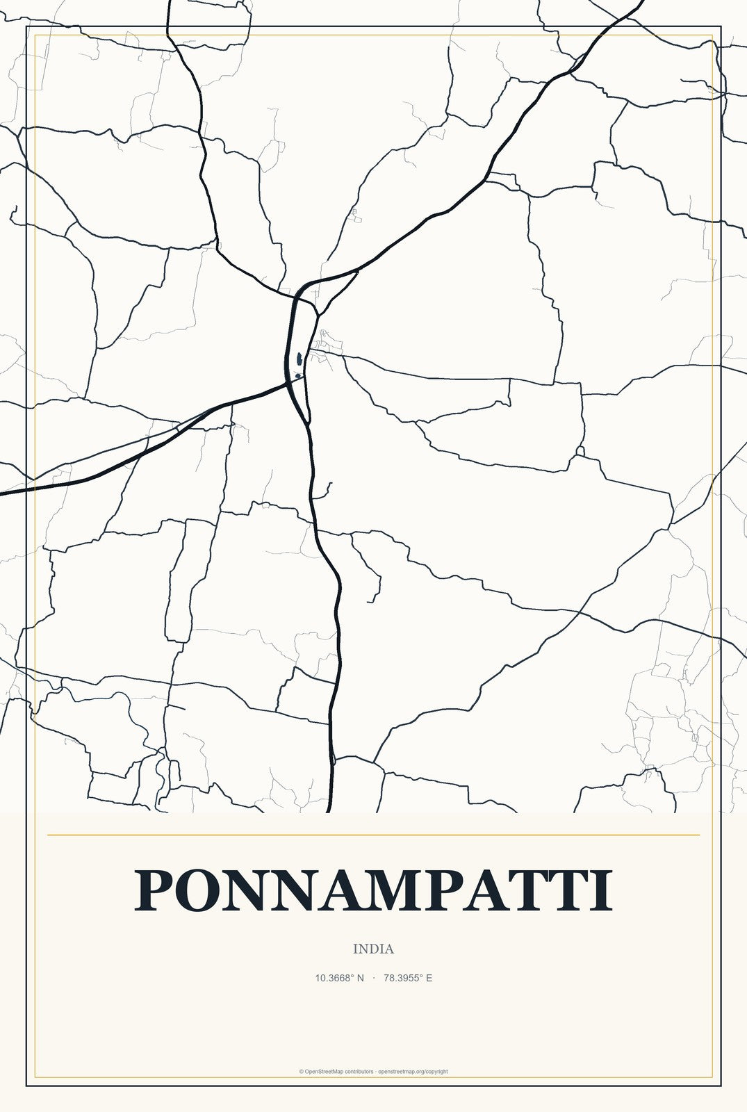 Ponnampatti, India City Map Aluminum Sign in Citrine Modern style