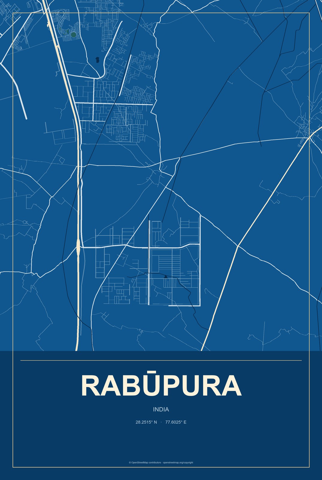 Rabūpura, India City Map Aluminum Sign in Harbor Cobalt style