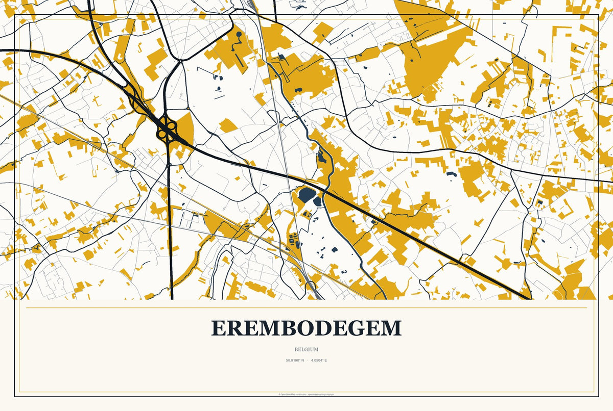 Erembodegem, Belgium City Map Aluminum Sign in Citrine Modern style