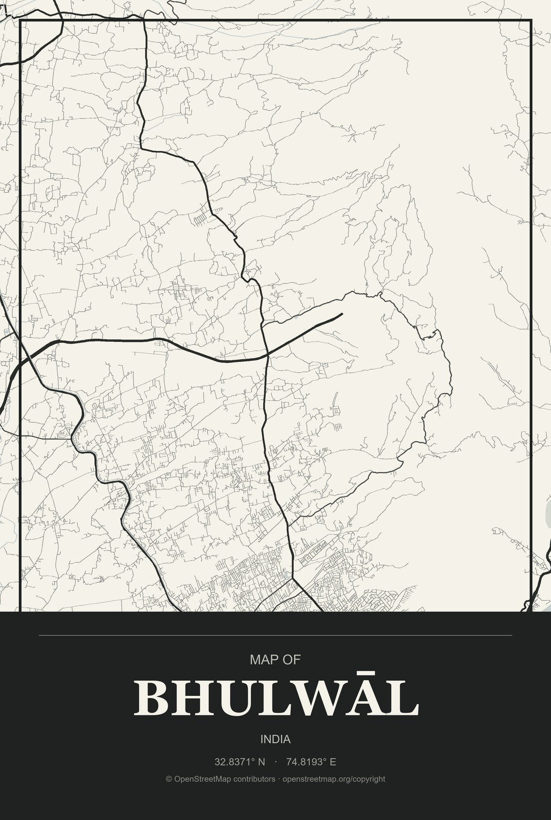 Bhulwāl, India City Map Aluminum Sign in Museum Plaque style