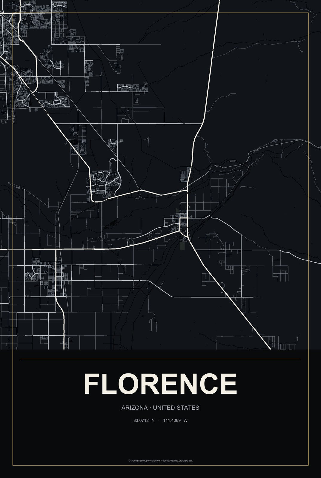 Florence, Arizona City Map Aluminum Sign in Metropolitan Noir style