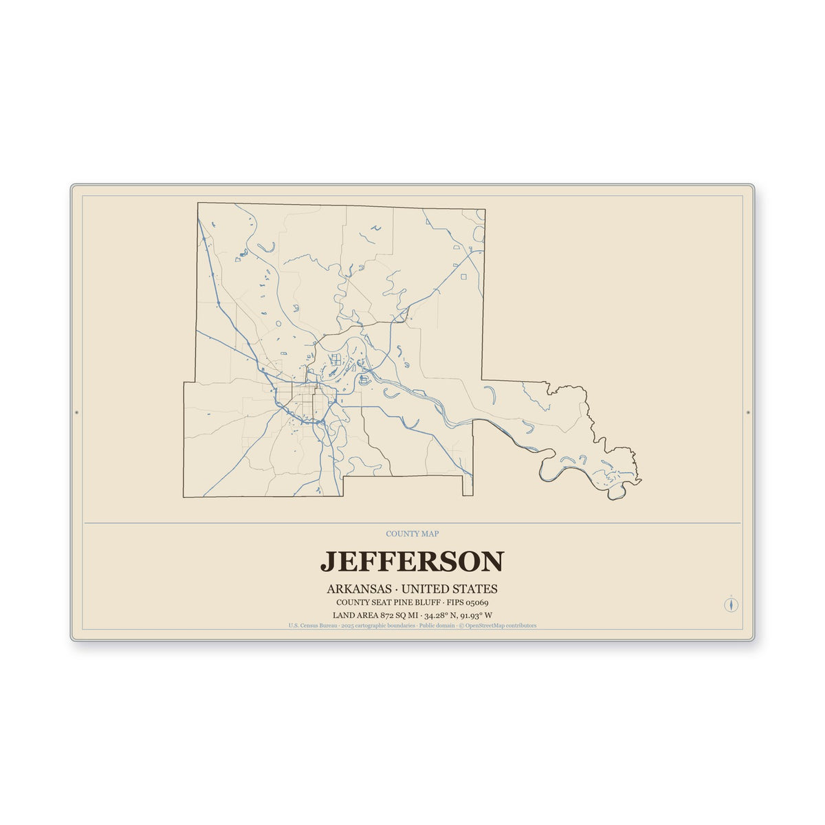 Jefferson County, Arkansas Map Aluminum Sign in Heritage Nautical style