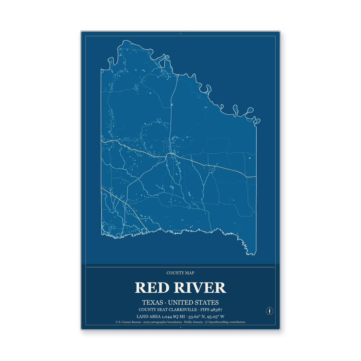 Red River County, Texas Map Aluminum Sign in Harbor Cobalt style