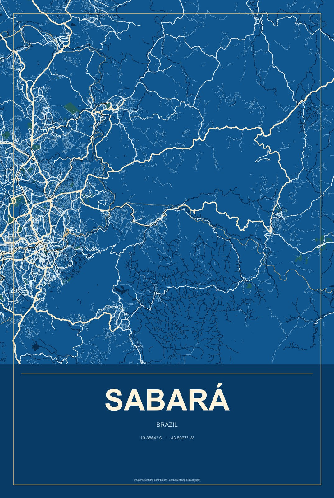 Sabará, Brazil City Map Aluminum Sign in Harbor Cobalt style