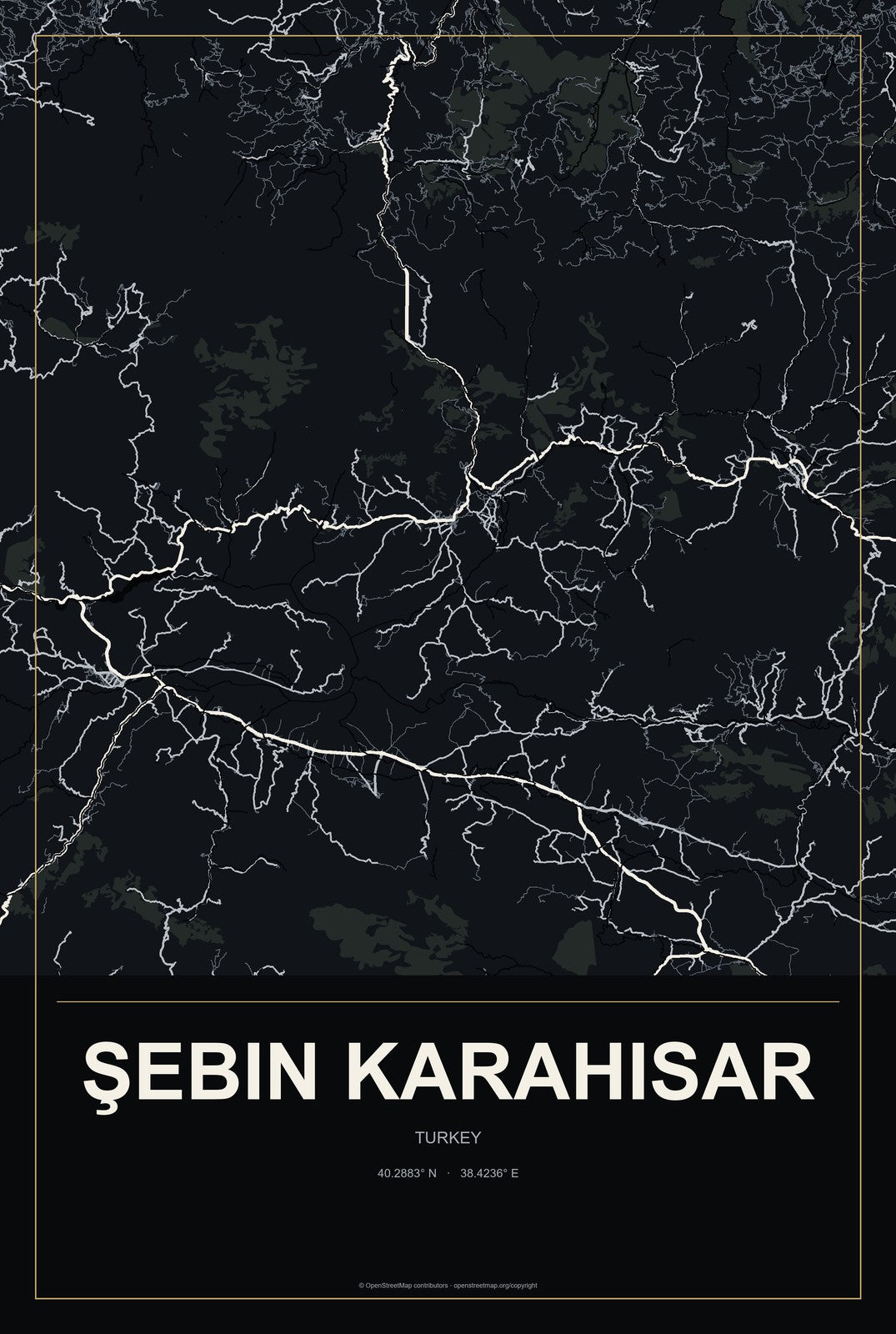 Şebin Karahisar, Turkey City Map Aluminum Sign in Metropolitan Noir style
