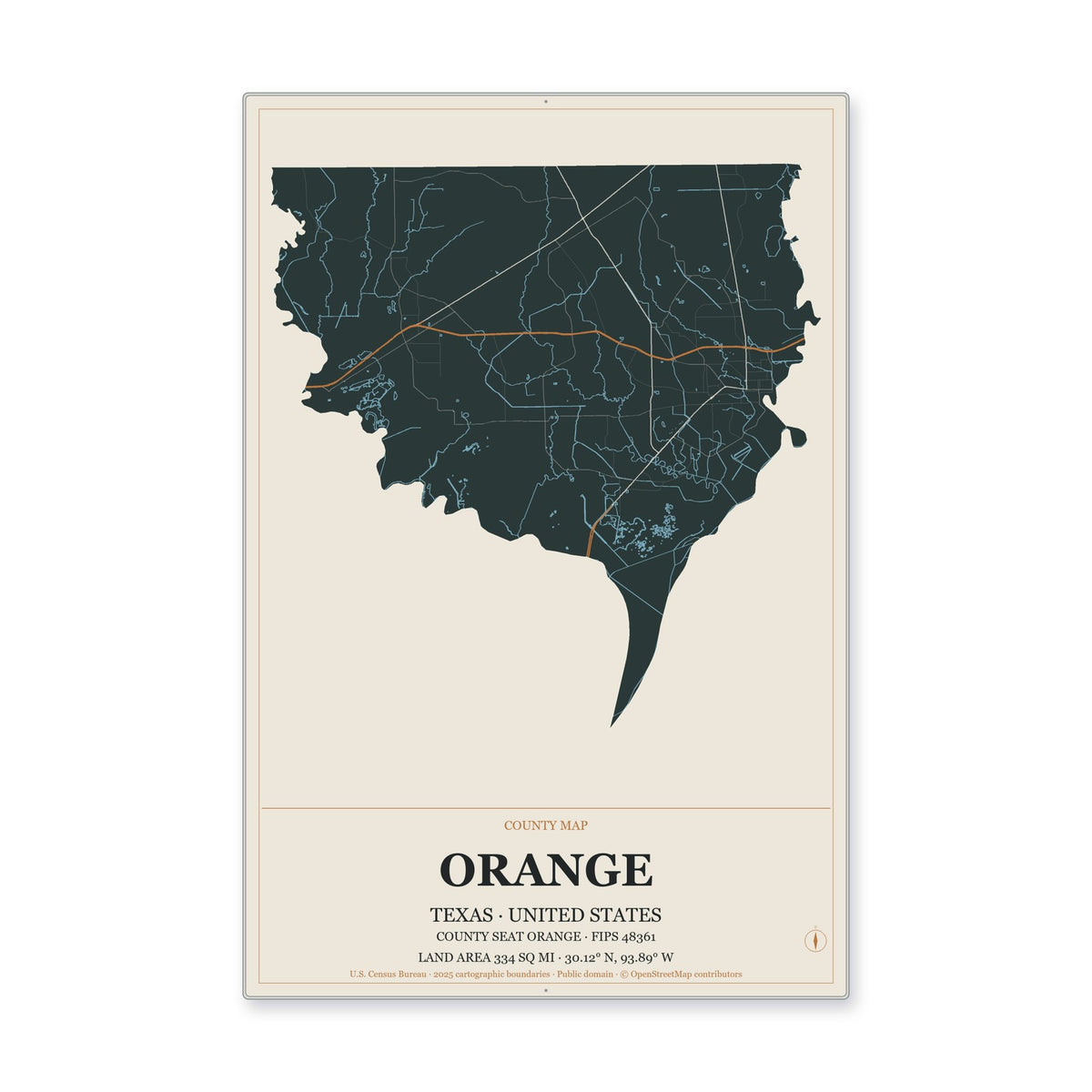 Orange County, Texas Map Aluminum Sign in Headline Atlas style