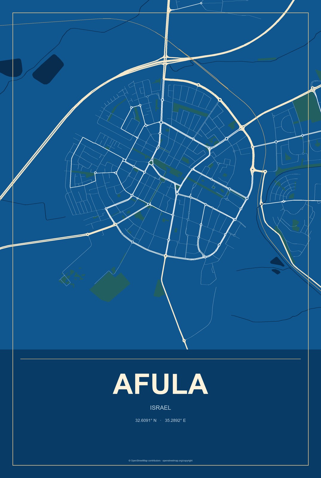 Afula, Israel City Map Aluminum Sign in Harbor Cobalt style