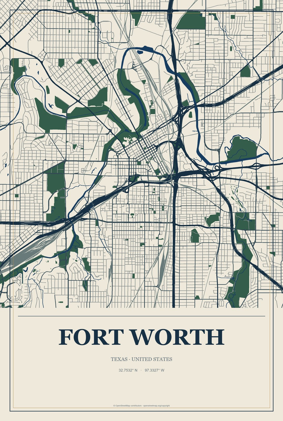 Fort Worth, Texas City Map Aluminum Sign in Coastal Cutout style
