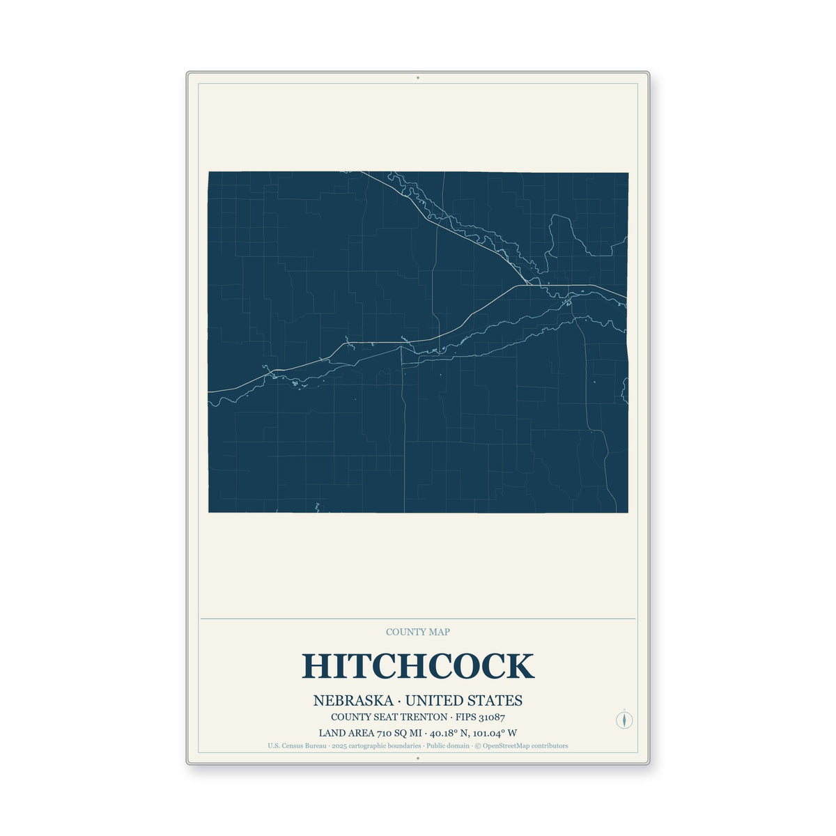 Hitchcock County, Nebraska Map Aluminum Sign in Coastal Cutout style
