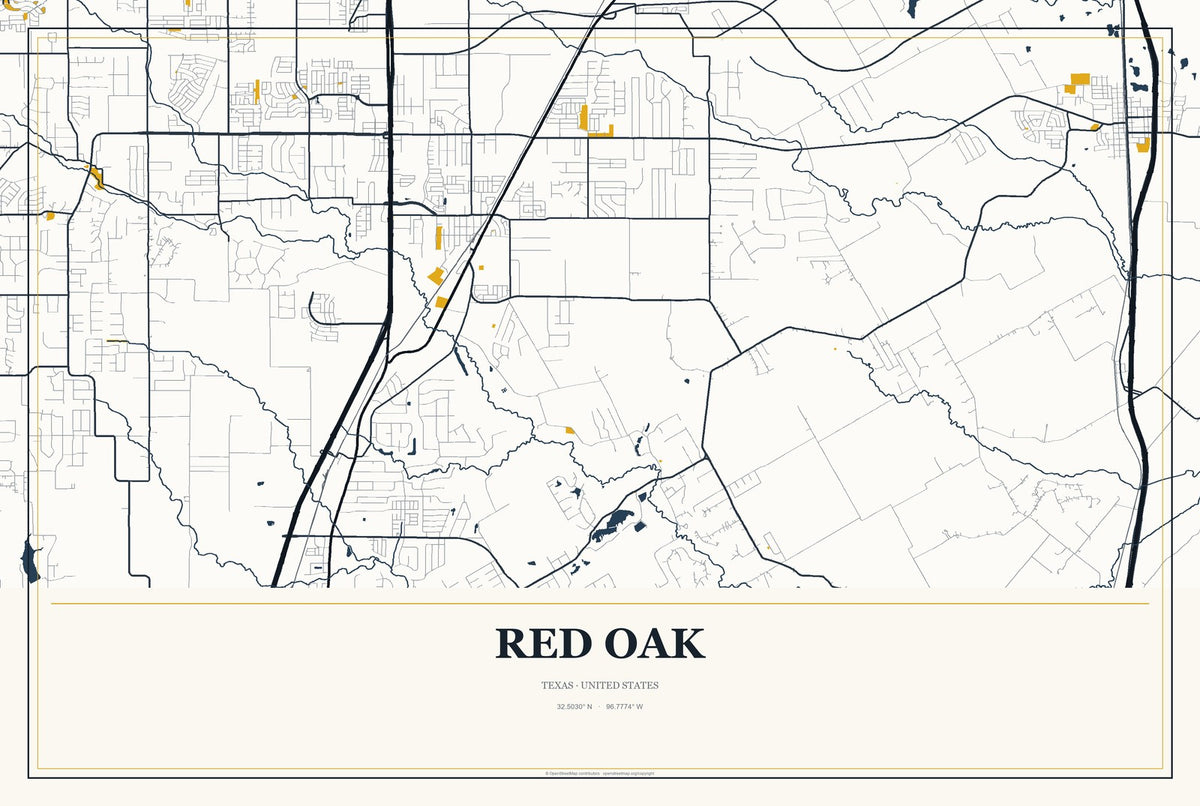Red Oak, Texas City Map Aluminum Sign in Citrine Modern style