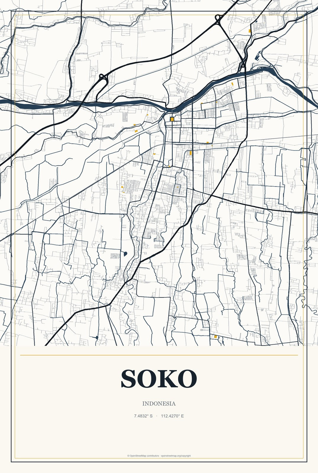 Soko, Indonesia City Map Aluminum Sign in Citrine Modern style
