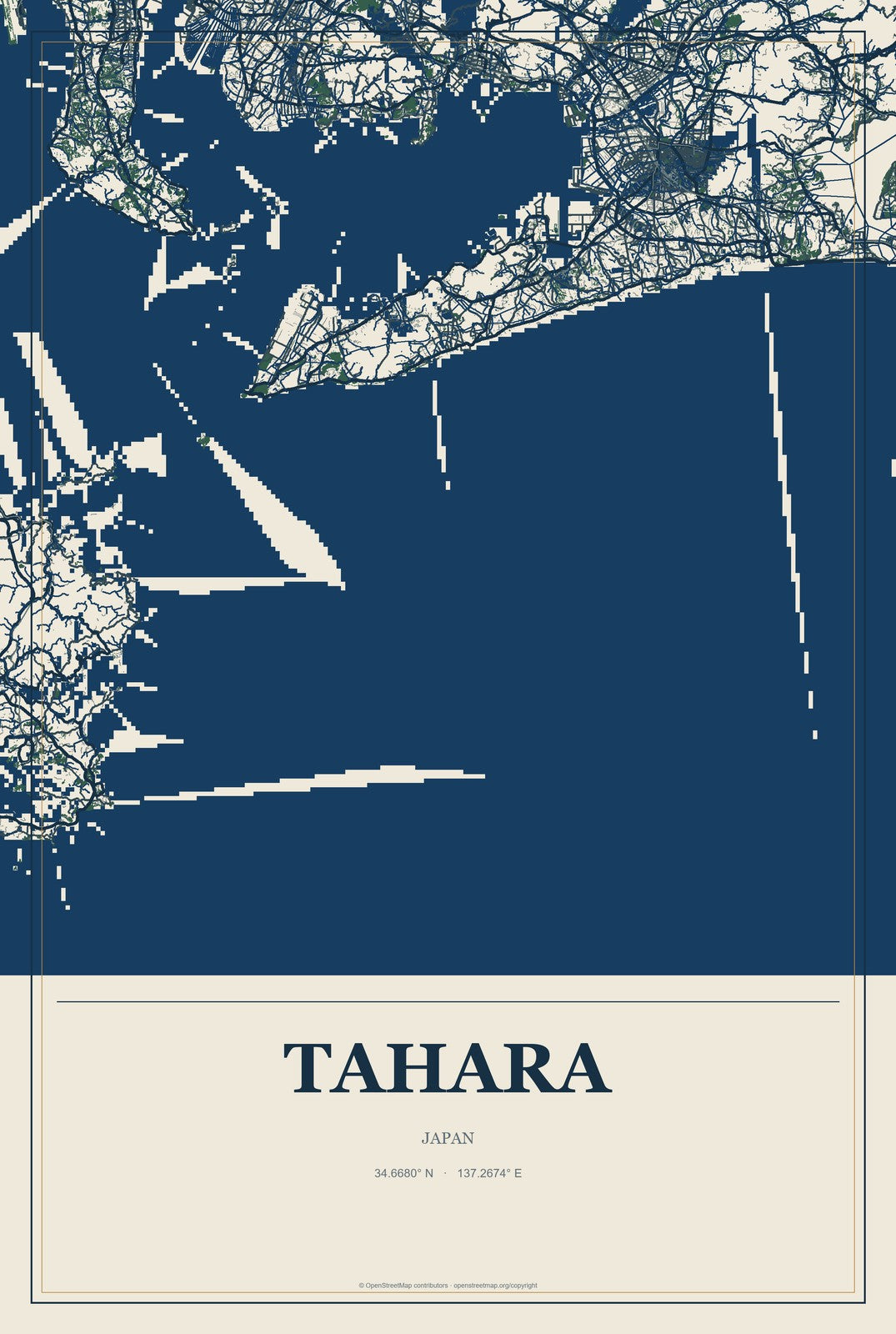 Tahara, Japan City Map Aluminum Sign in Coastal Cutout style
