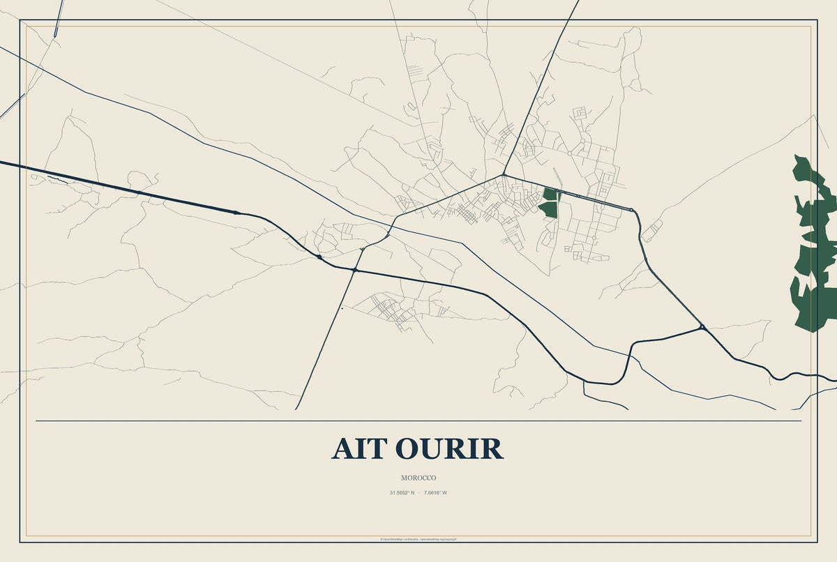 Ait Ourir, Morocco City Map Aluminum Sign in Coastal Cutout style