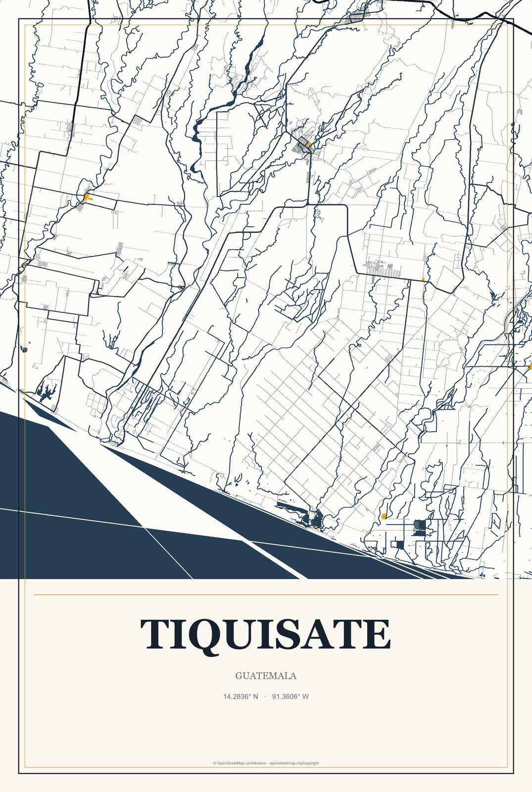 Tiquisate, Guatemala City Map Aluminum Sign in Citrine Modern style