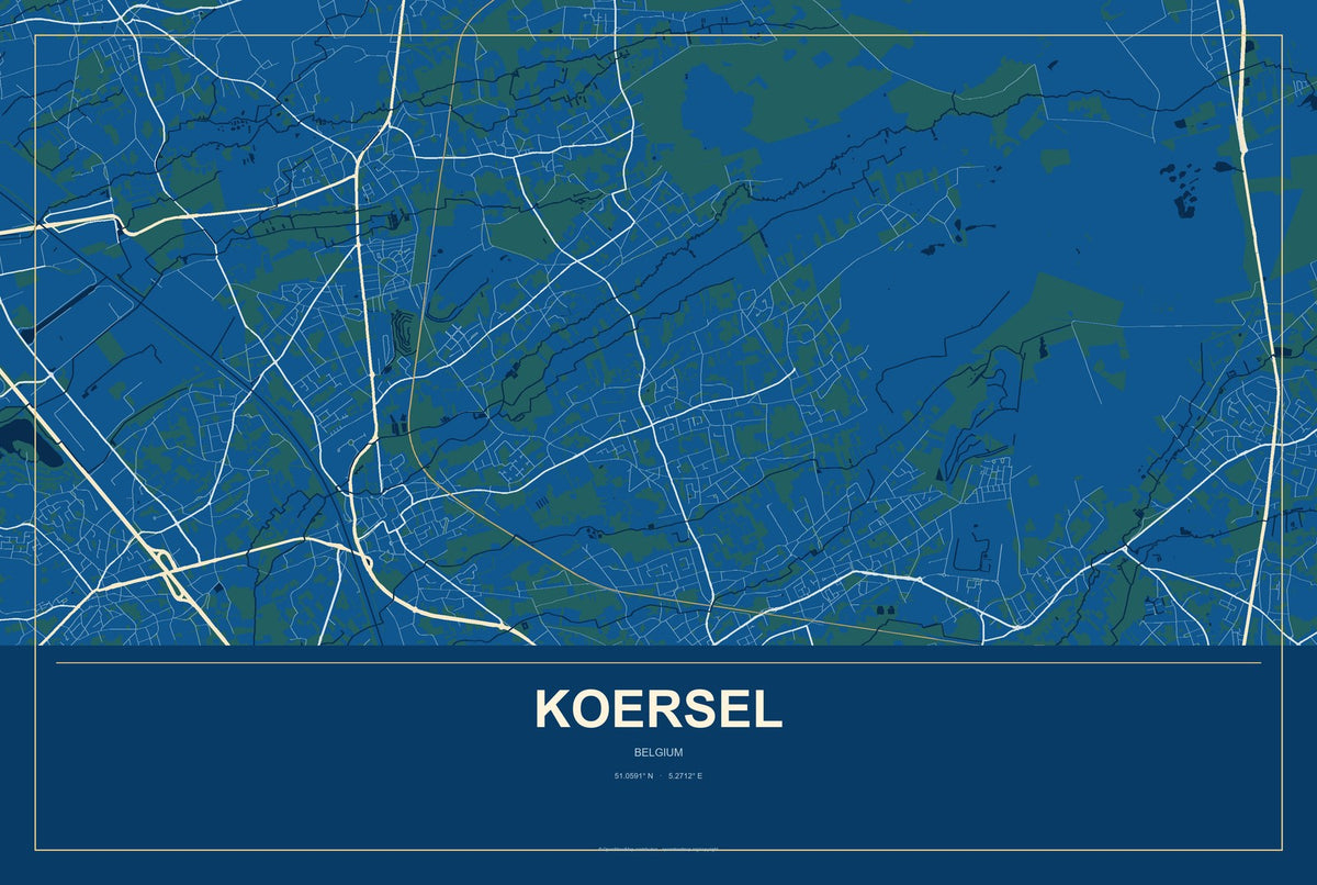 Koersel, Belgium City Map Aluminum Sign in Harbor Cobalt style