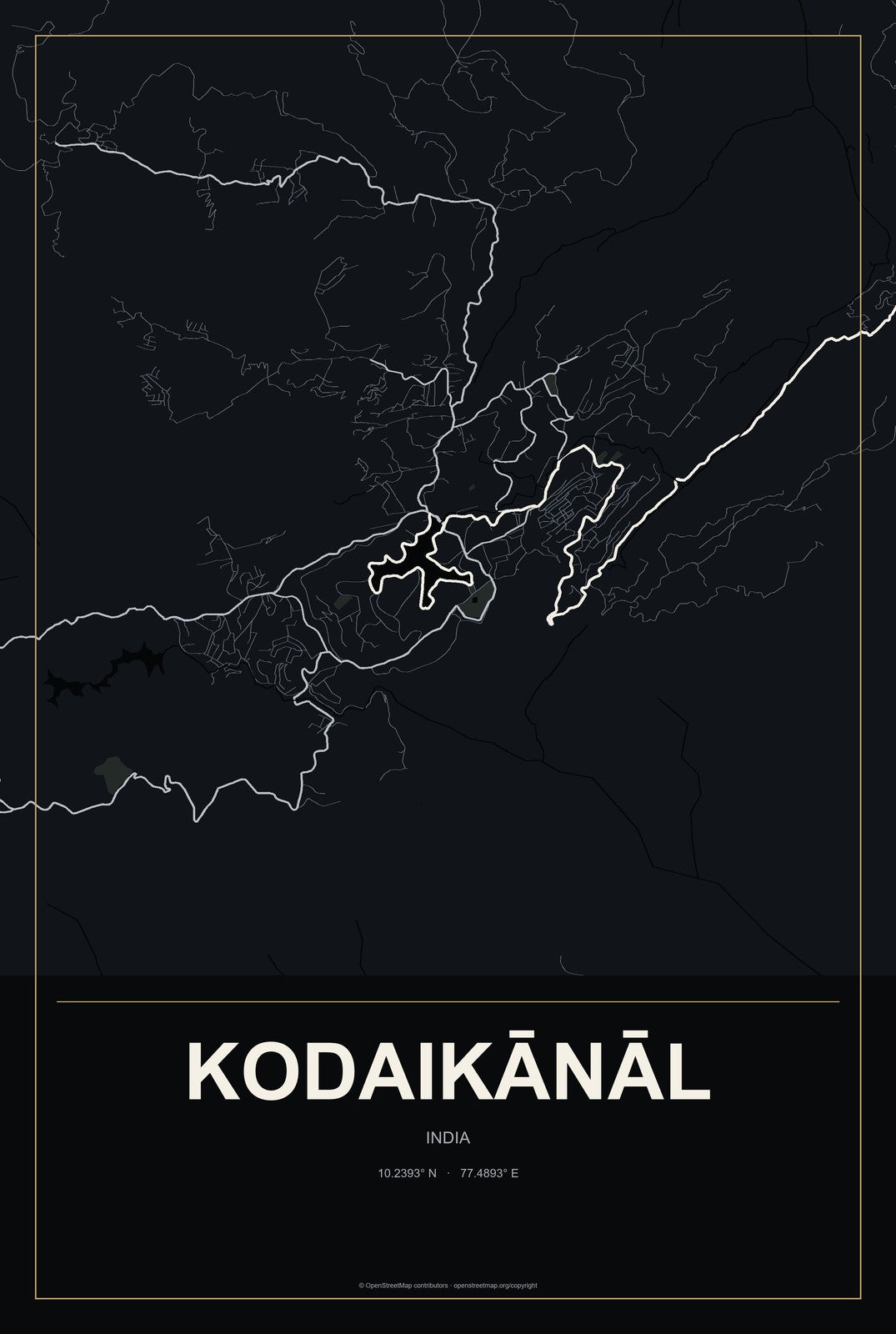 Kodaikānāl, India City Map Aluminum Sign in Metropolitan Noir style