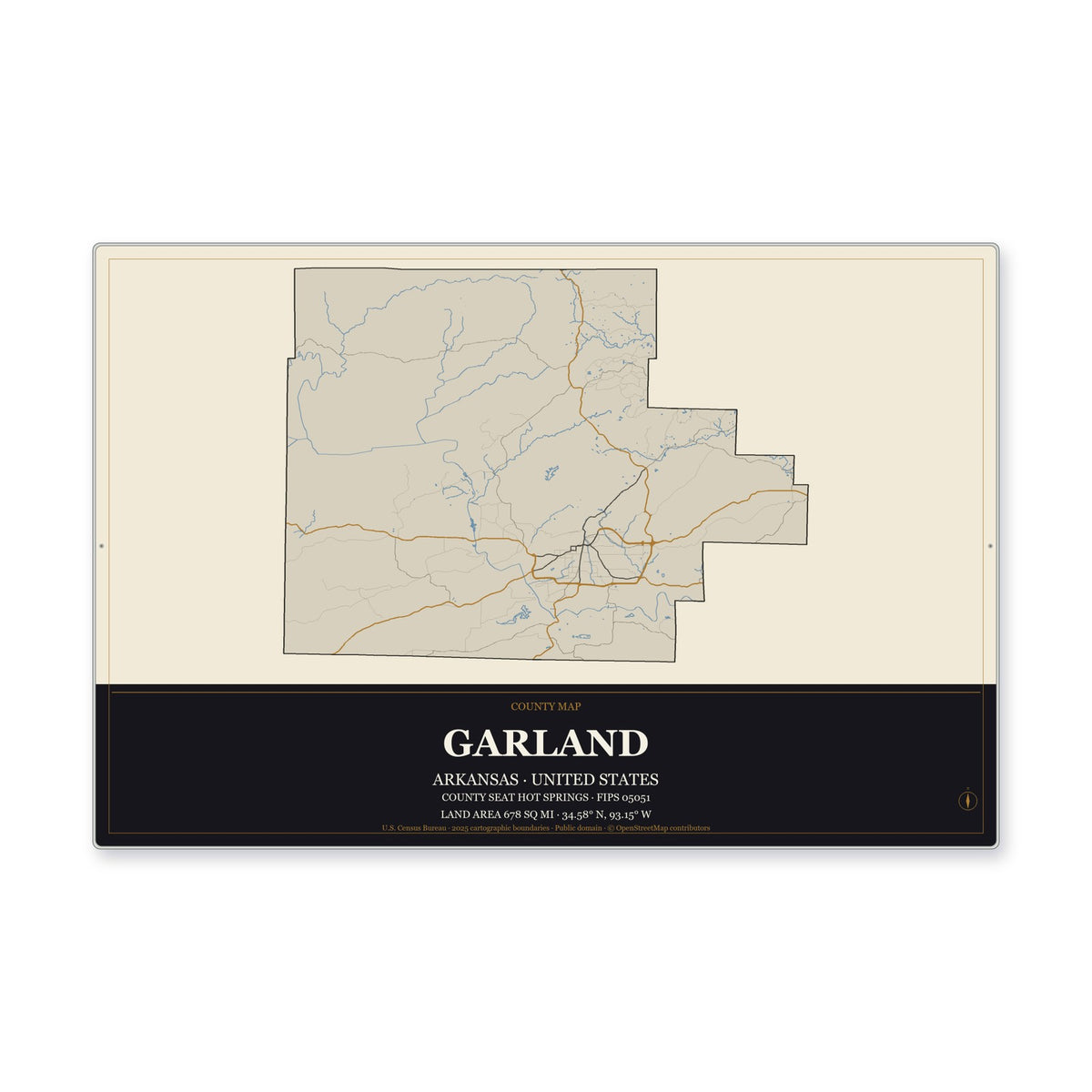 Garland County, Arkansas Map Aluminum Sign in Museum Plaque style