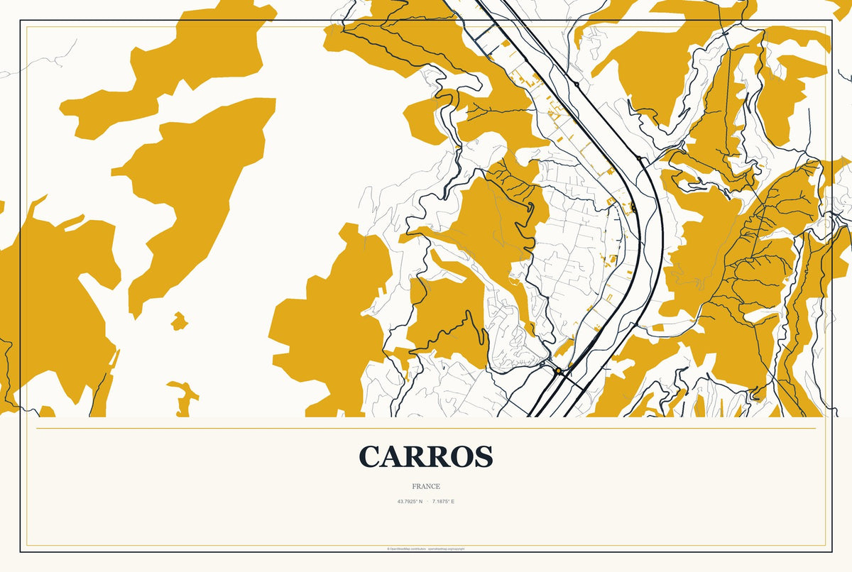 Carros, France City Map Aluminum Sign in Citrine Modern style