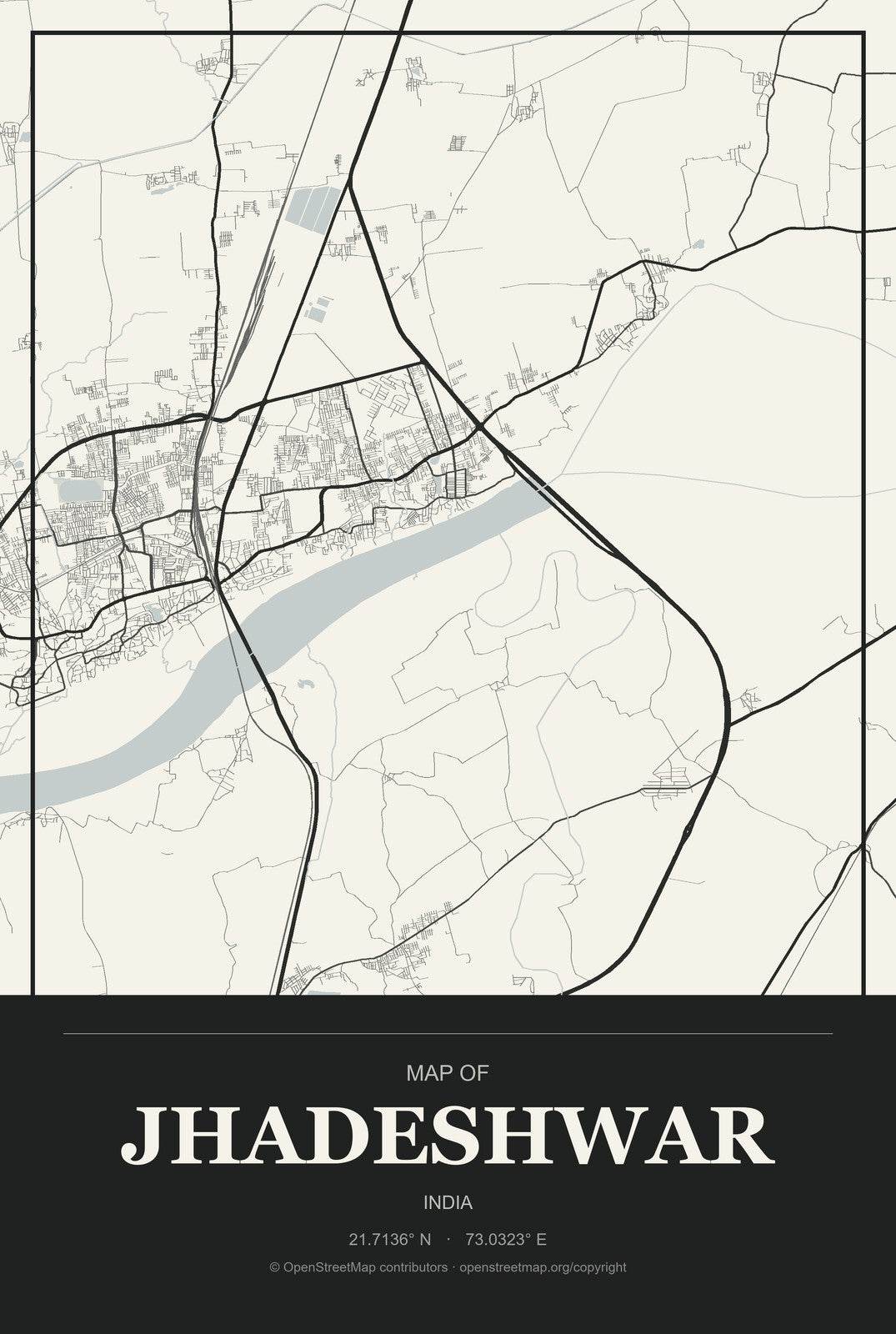 Jhadeshwar, India City Map Aluminum Sign in Museum Plaque style