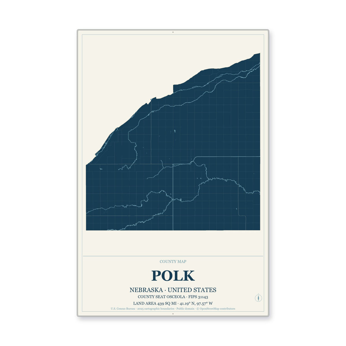 Polk County, Nebraska Map Aluminum Sign in Coastal Cutout style