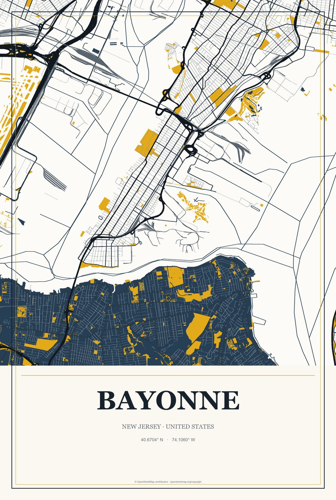 Bayonne, New Jersey City Map Aluminum Sign in Citrine Modern style