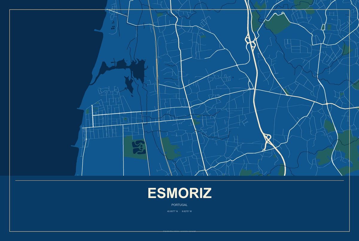 Esmoriz, Portugal City Map Aluminum Sign in Harbor Cobalt style