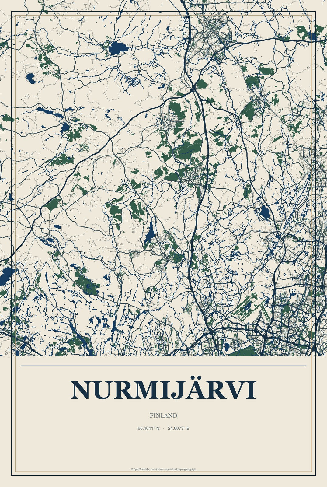 Nurmijärvi, Finland City Map Aluminum Sign in Coastal Cutout style