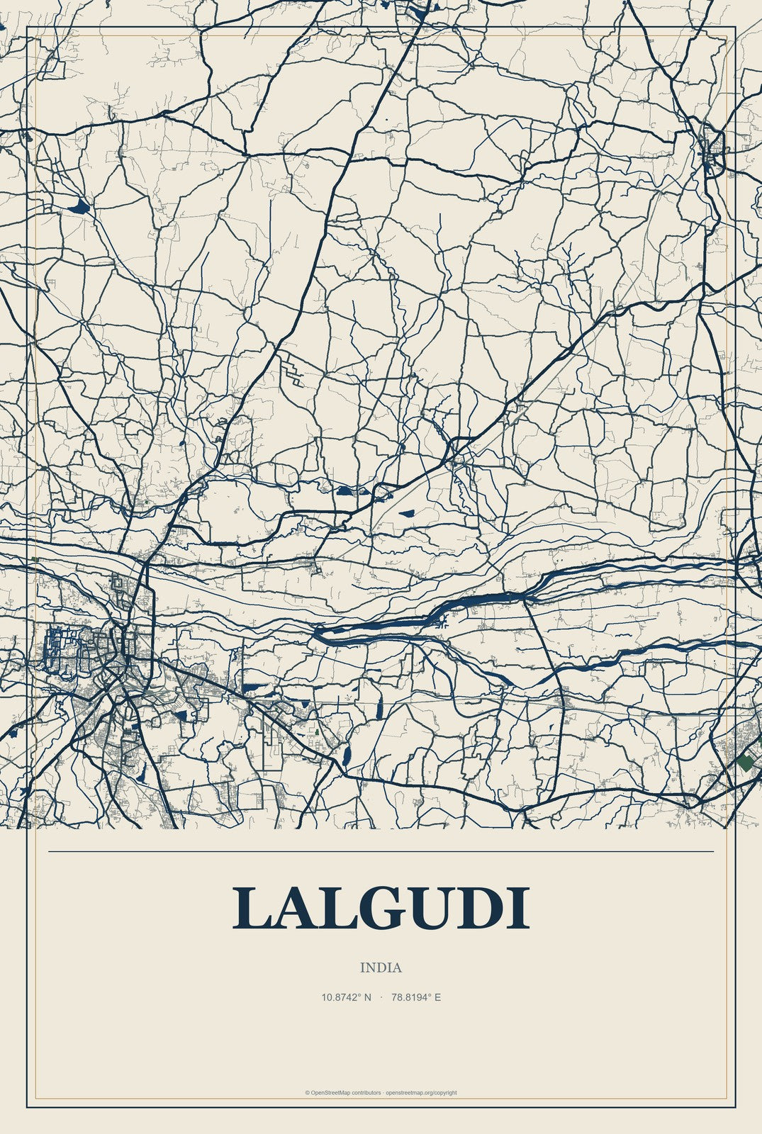 Lalgudi, India City Map Aluminum Sign in Coastal Cutout style