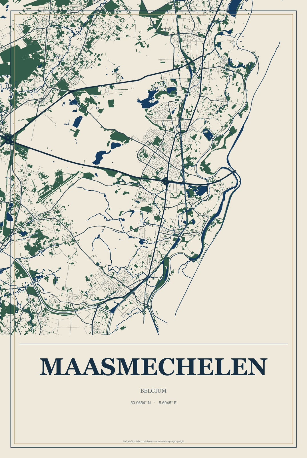 Maasmechelen, Belgium City Map Aluminum Sign in Coastal Cutout style