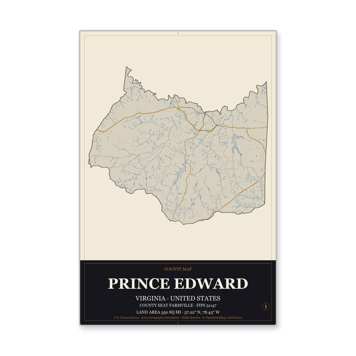 Prince Edward County, Virginia Map Aluminum Sign in Museum Plaque style