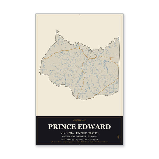 Prince Edward County, Virginia Map Aluminum Sign in Museum Plaque style