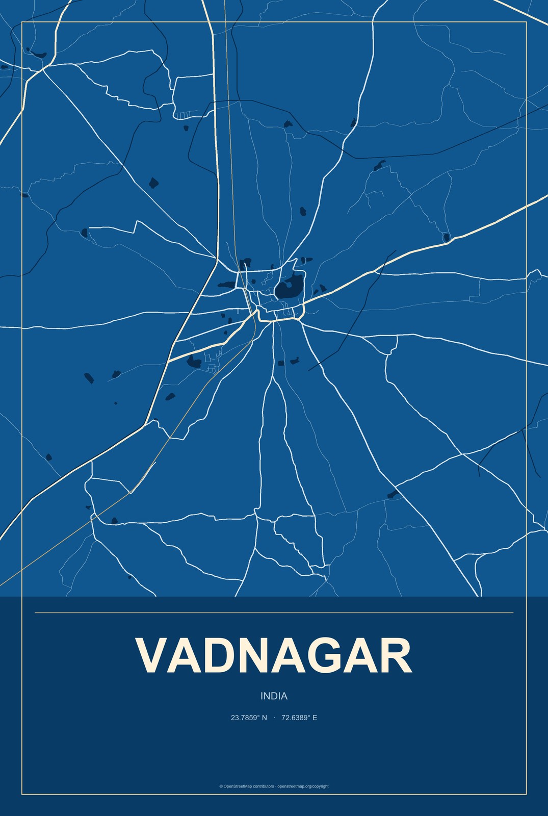 Vadnagar, India City Map Aluminum Sign in Harbor Cobalt style