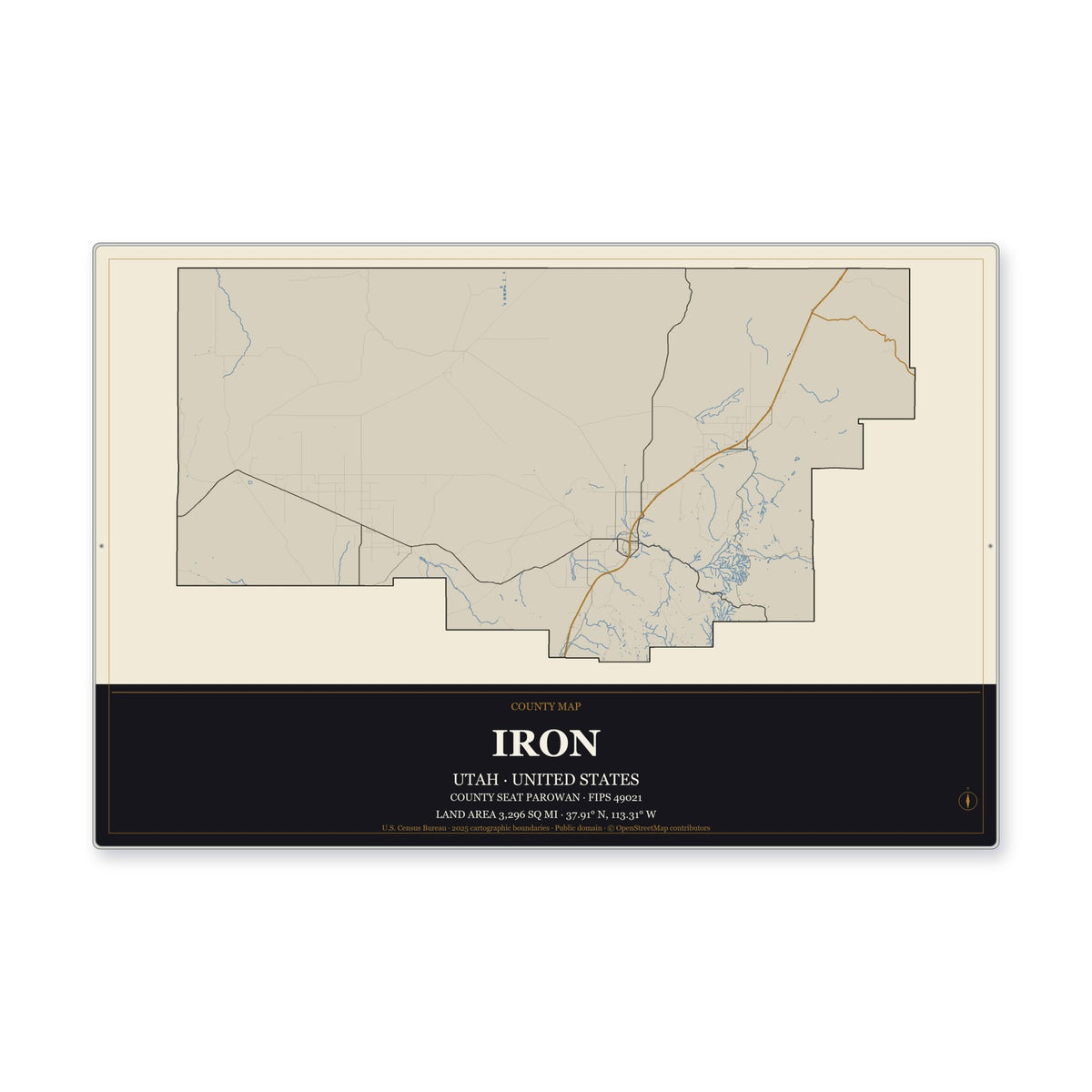 Iron County, Utah Map Aluminum Sign in Museum Plaque style