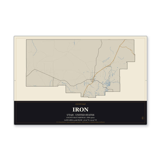 Iron County, Utah Map Aluminum Sign in Museum Plaque style