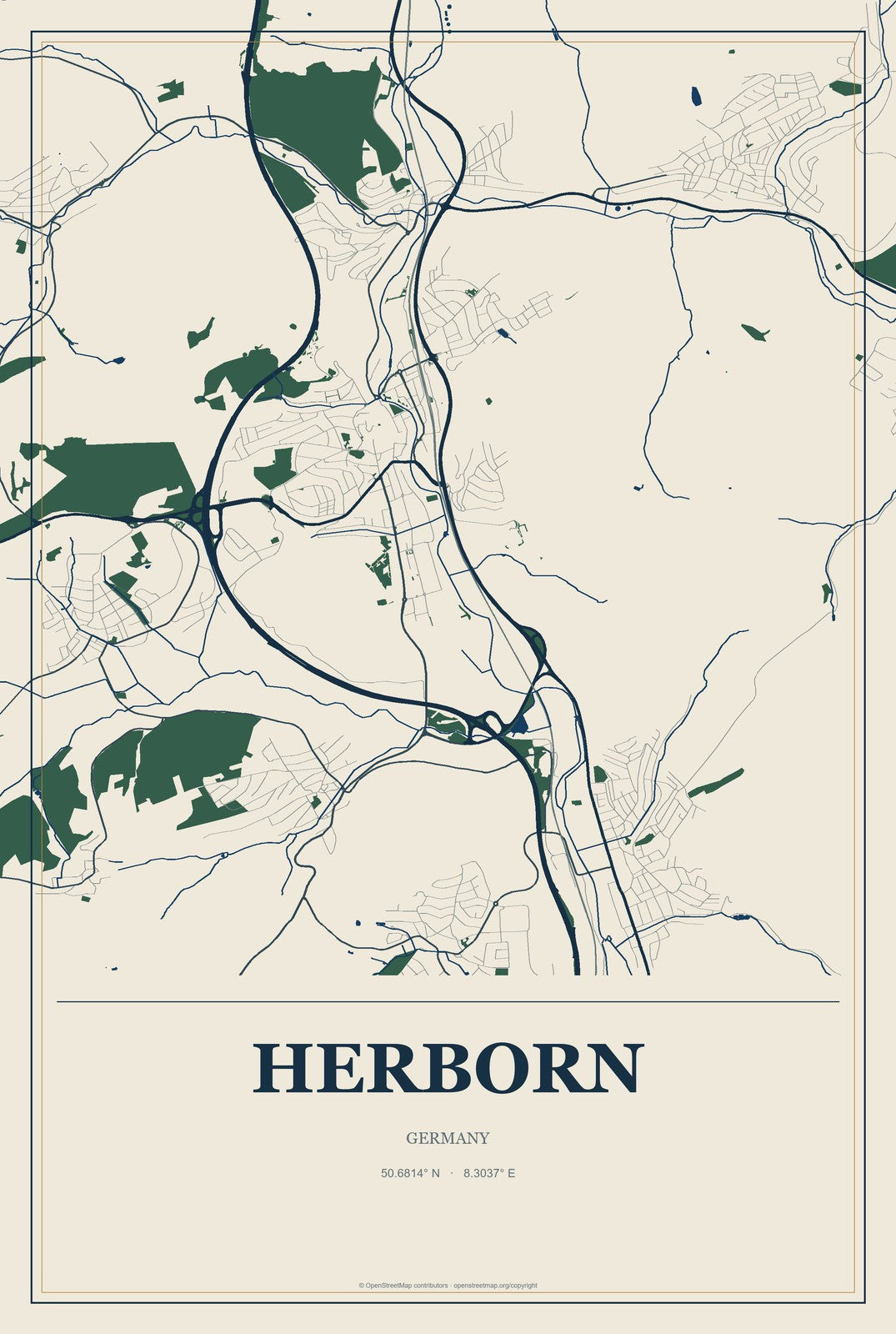 Herborn, Germany City Map Aluminum Sign in Coastal Cutout style