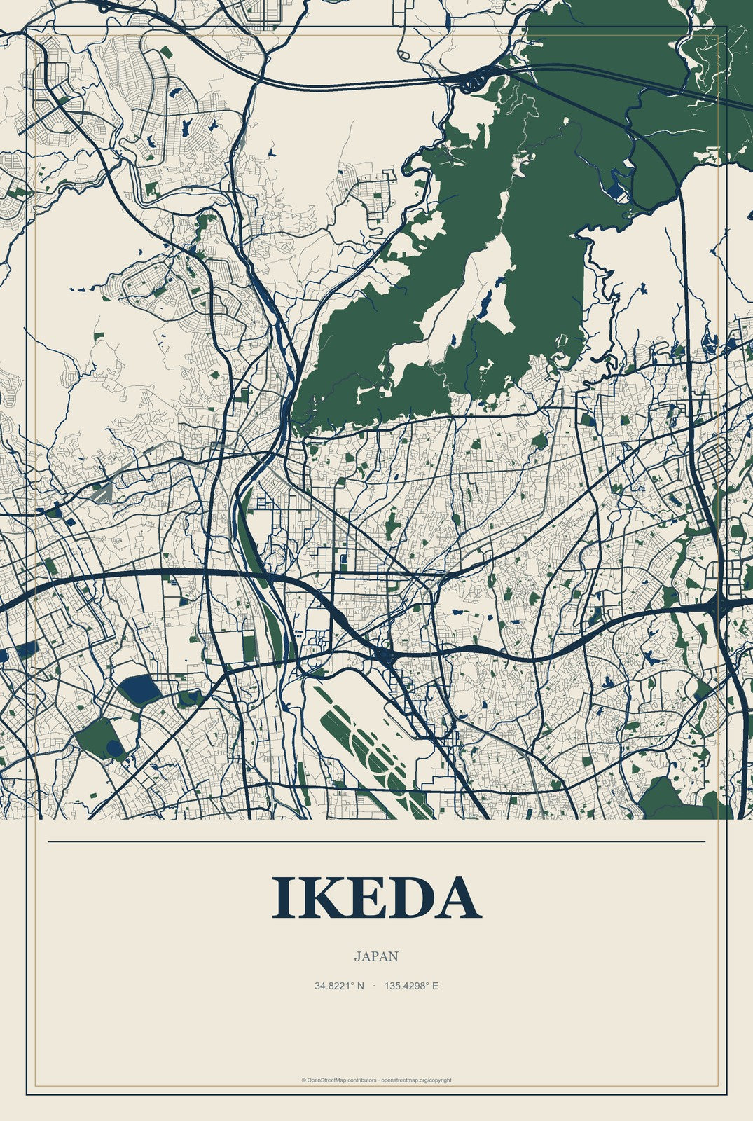 Ikeda, Japan City Map Aluminum Sign in Coastal Cutout style