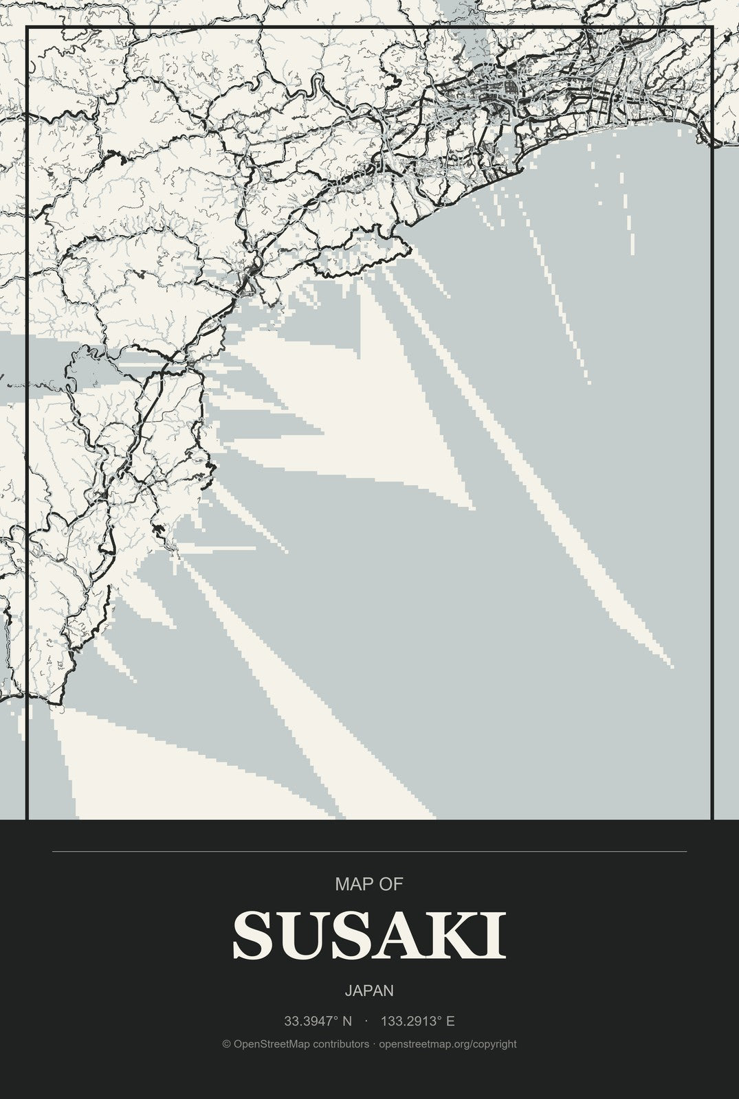 Susaki, Japan City Map Aluminum Sign in Museum Plaque style