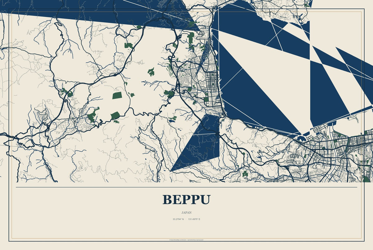 Beppu, Japan City Map Aluminum Sign in Coastal Cutout style
