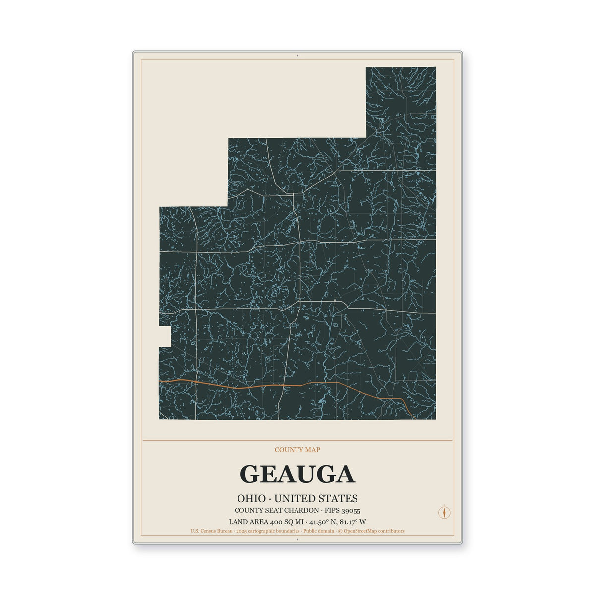 Geauga County, Ohio Map Aluminum Sign in Headline Atlas style