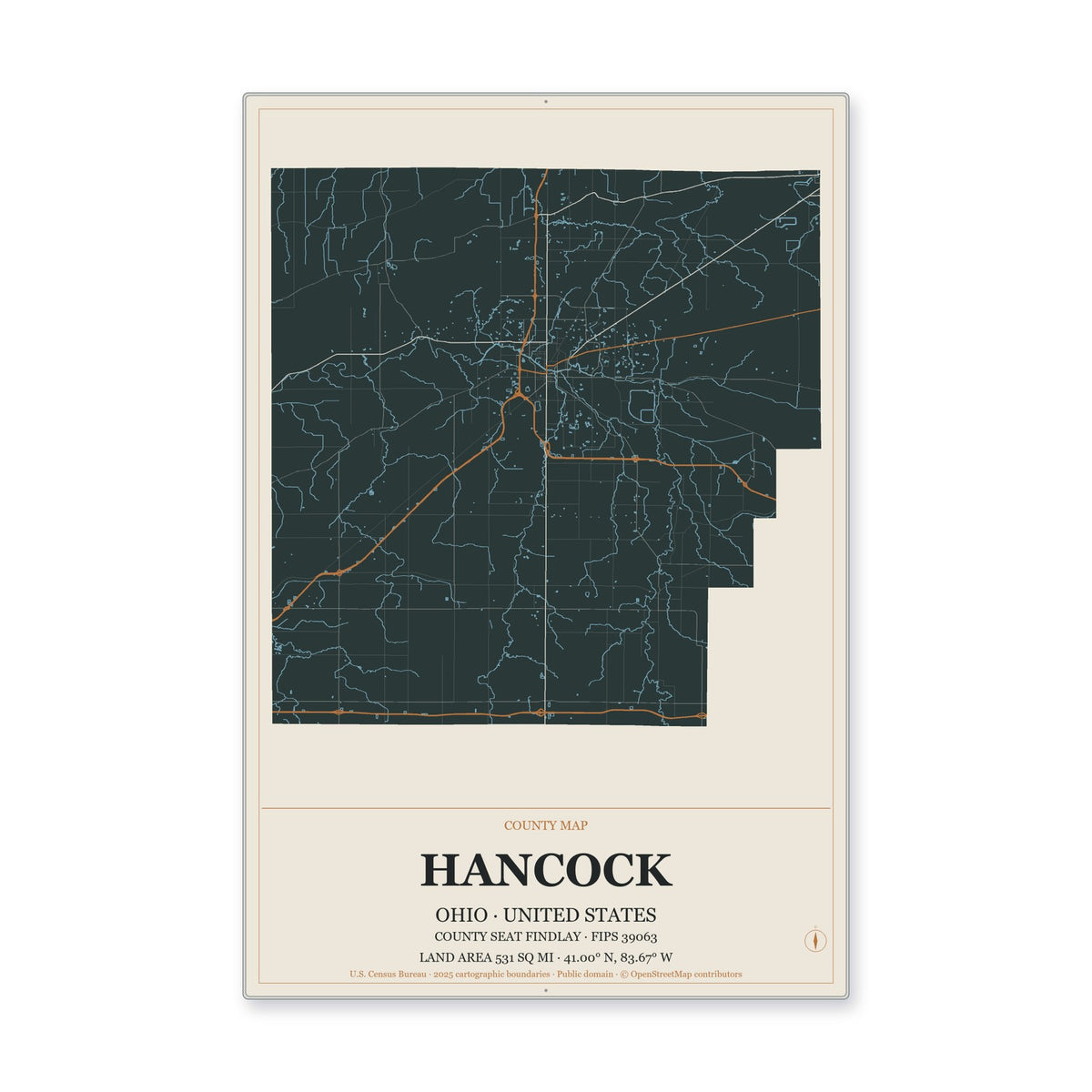 Hancock County, Ohio Map Aluminum Sign in Headline Atlas style
