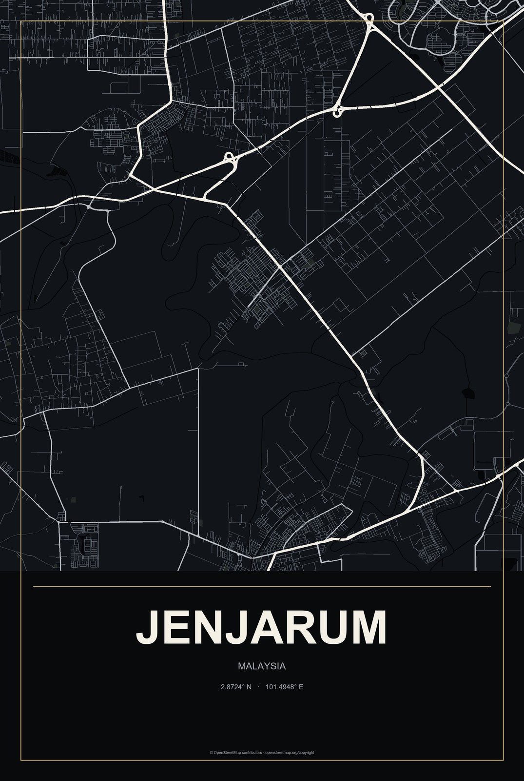 Jenjarum, Malaysia City Map Aluminum Sign in Metropolitan Noir style