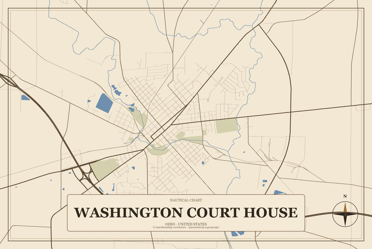 Washington Court House, Ohio City Map Aluminum Sign in Heritage Nautical style